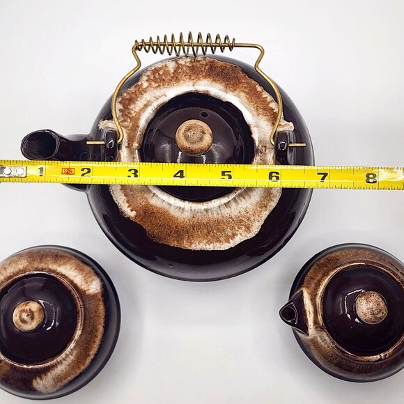 Vintage Redware Drip Glaze Teapot Creamer Sugar Set Wire Handle Ceramic Japan - Picture 9 of 11